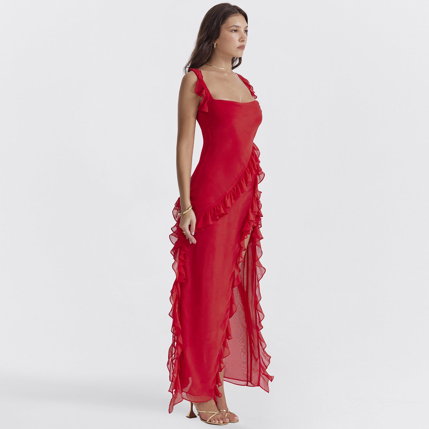 Amara Ruffle High-Slit Gown