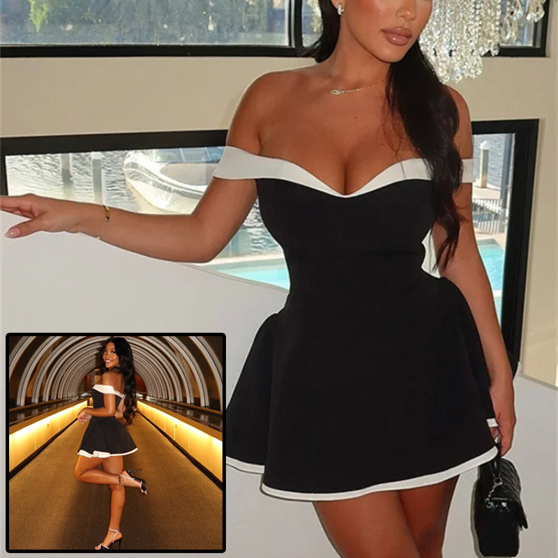 Monaco Nights Off-Shoulder Mini Dress – Noir & Pearl