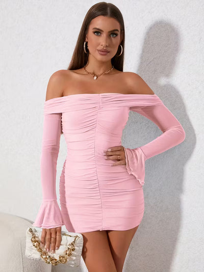 Off-Shoulder Ruched Mesh Bodycon Dress