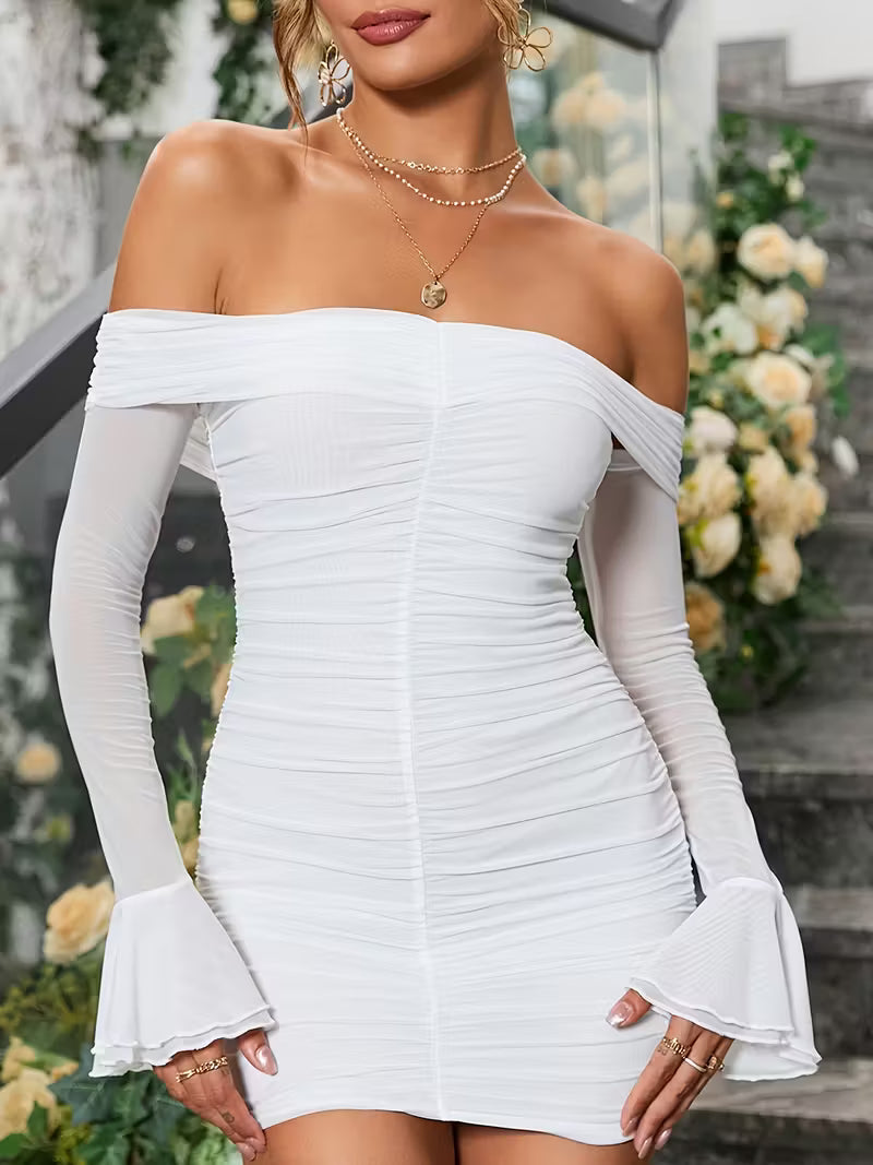 Off-Shoulder Ruched Mesh Bodycon Dress