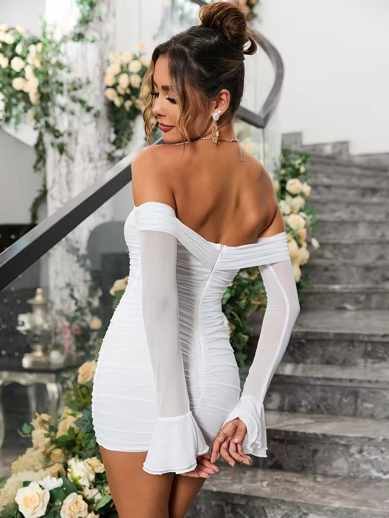 Off-Shoulder Ruched Mesh Bodycon Dress