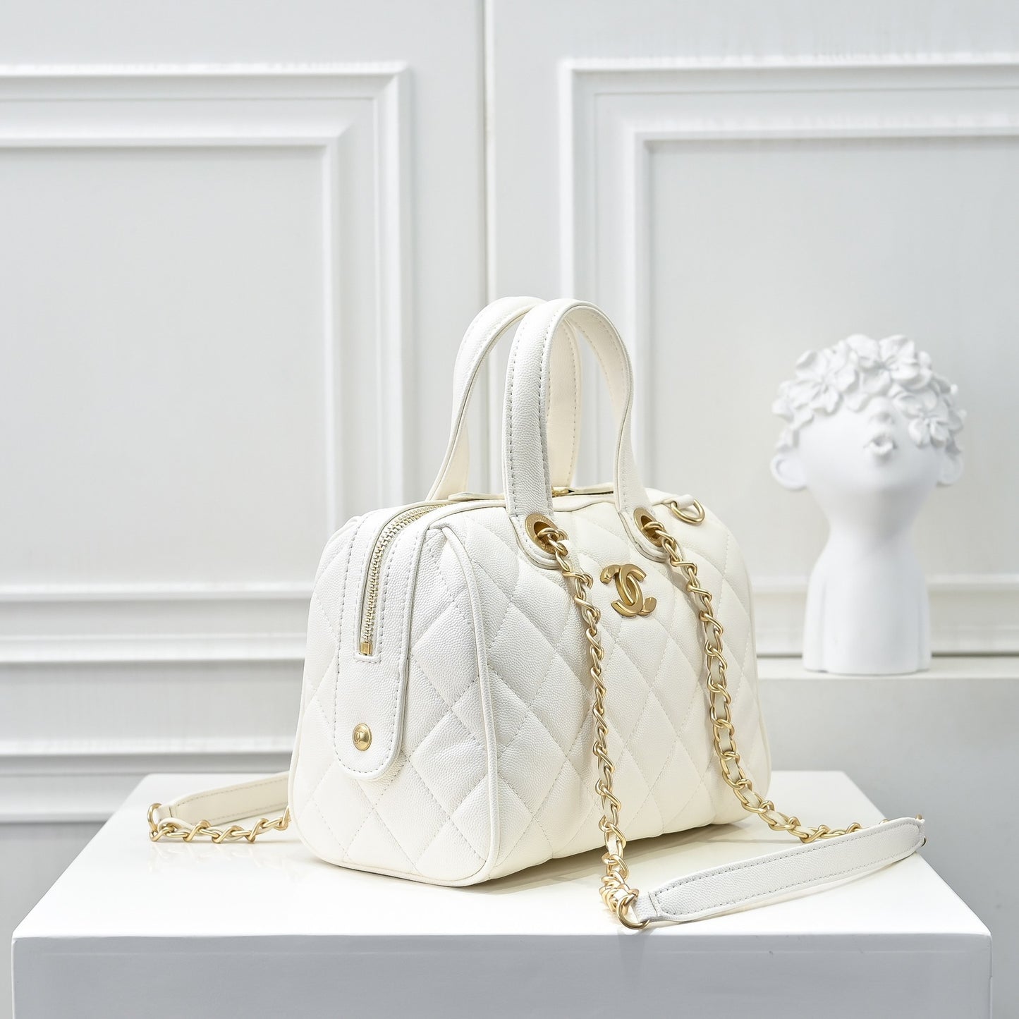 Caviar Quilted Small Bowling Bag White