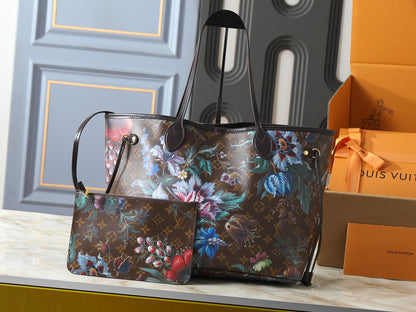 Floral Neverfull Tote Bag with Matching Pouch