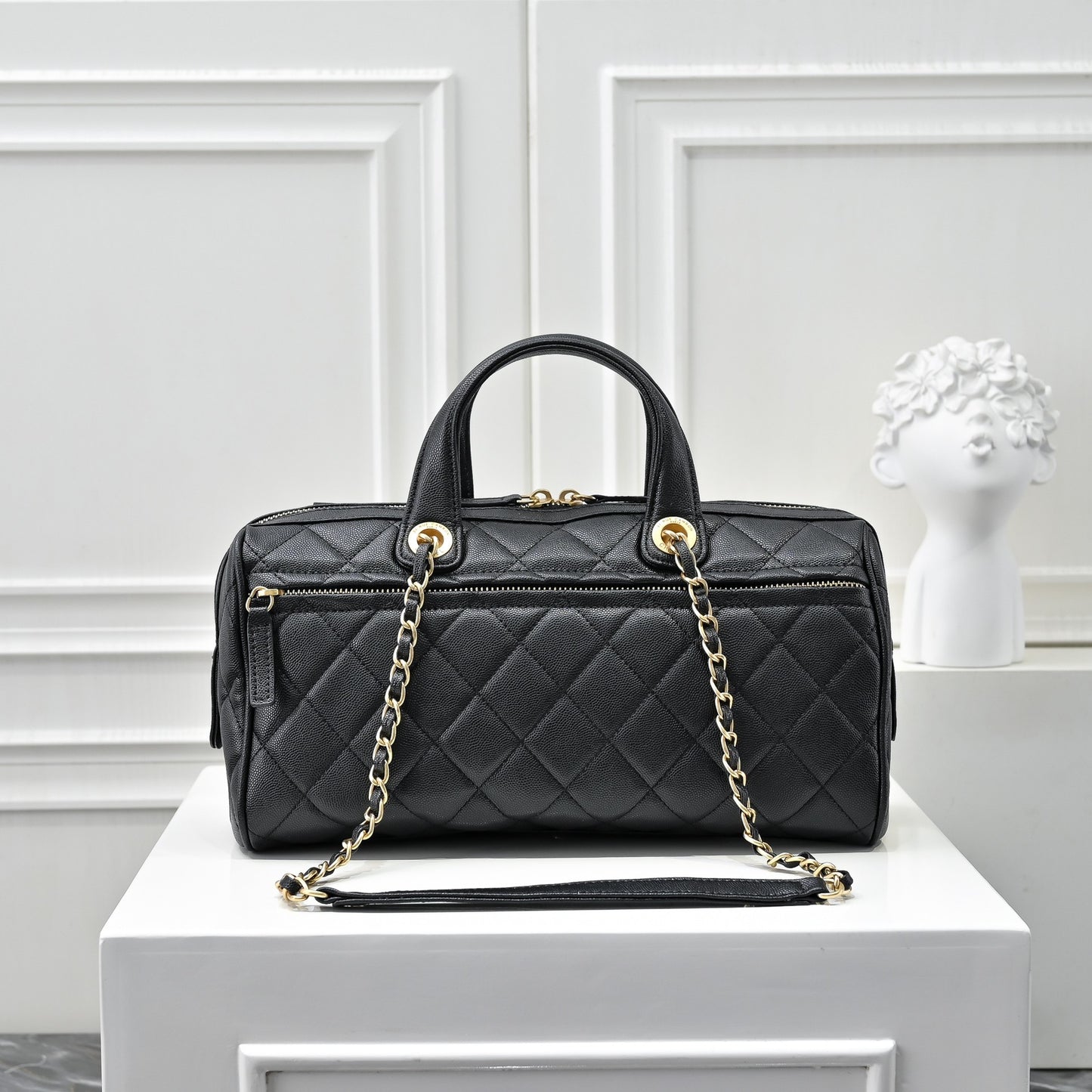 Caviar Quilted Barrel Clutch With Chain