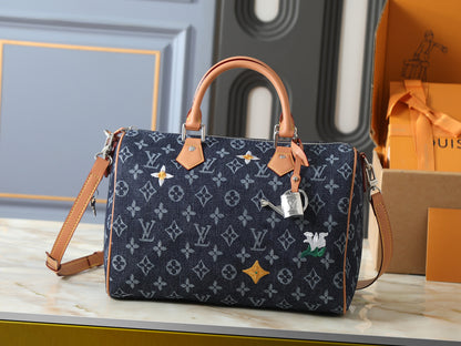 Denim Floral Boston Bag