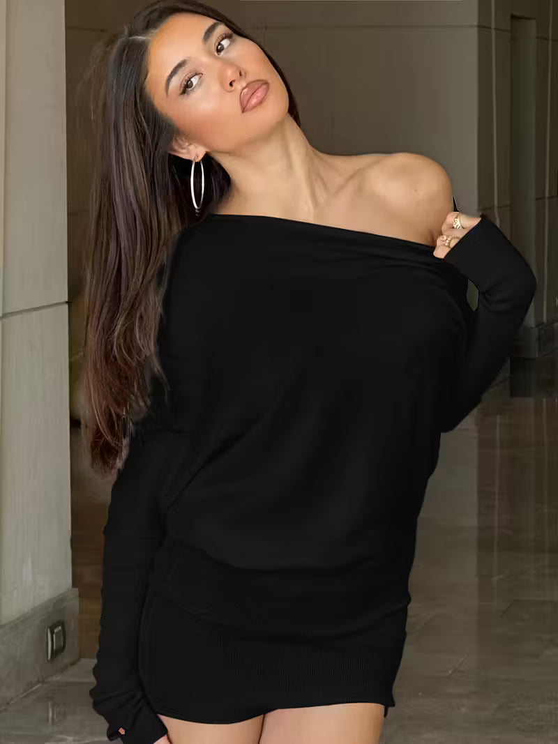 Hannah Off-Shoulder Asymmetrical One-Shoulder Long Sleeve Mini Dress