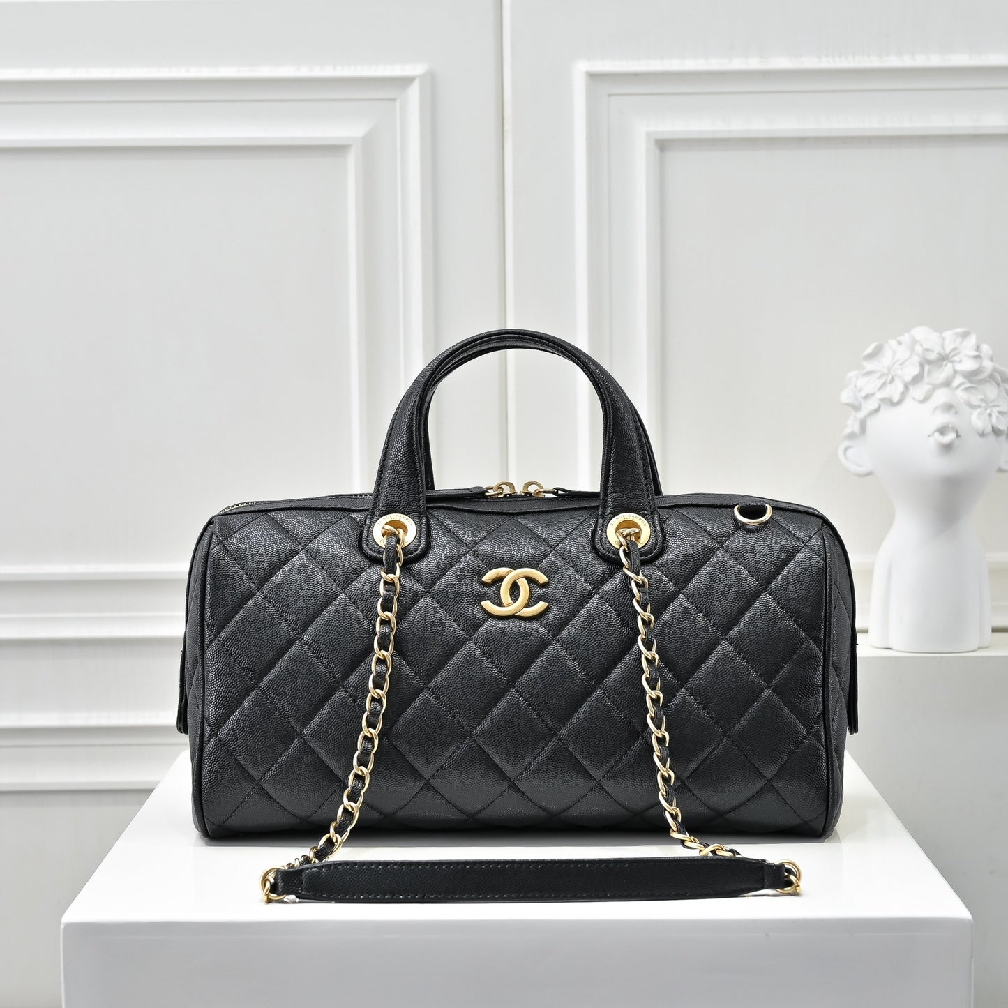 Caviar Quilted Barrel Clutch With Chain