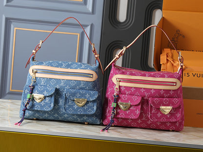 Denim Monogram Multi-Pocket Shoulder Bag