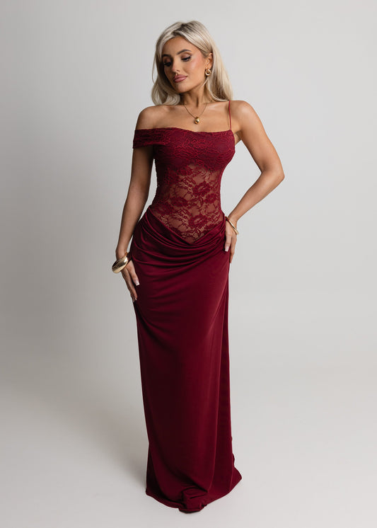 Captivated Heart Lace Maxi Dress - Burgundy