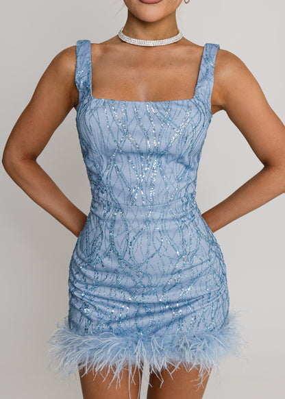 Electric Energy Glitter Feather Mini Dress - Blue