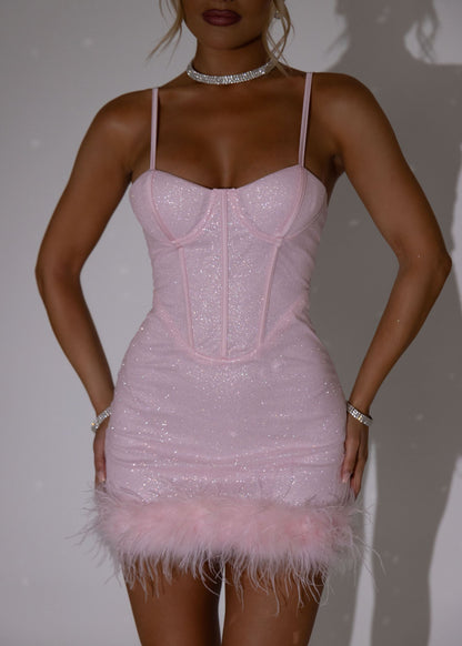 Hearts Lie Feather Trim Mini Dress - Pink
