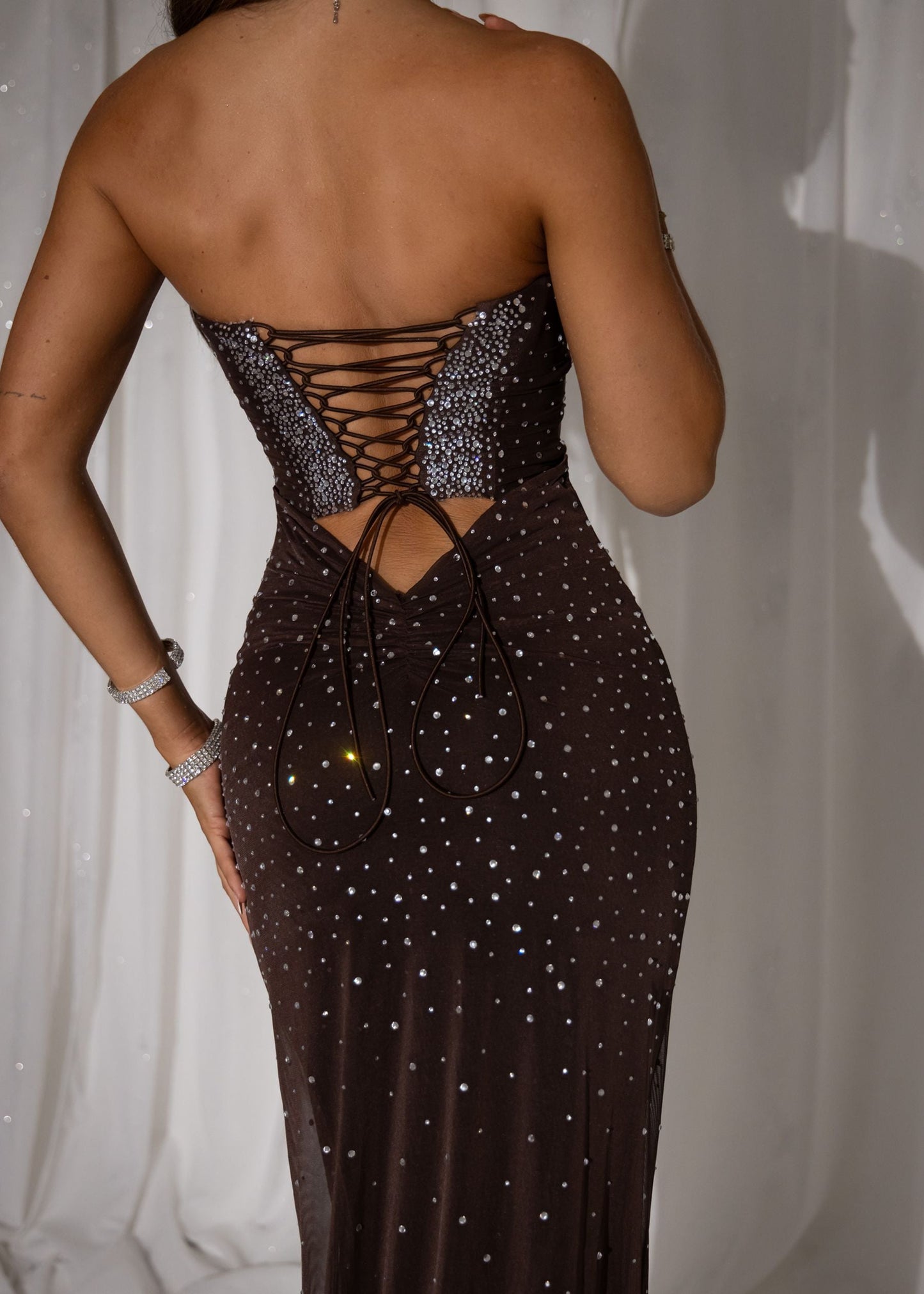 Diamond Elegance Embellished Maxi Dress - Brown