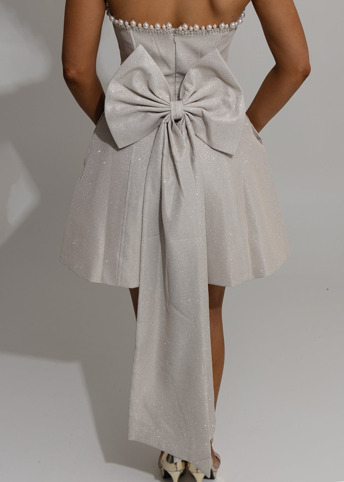 Sparkle Energy Bow Mini Dress - Champagne