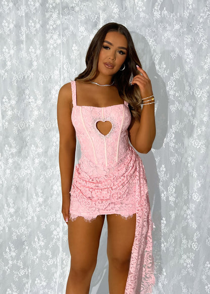 Taste Of Love Heart Cut Out Lace Mini Dress - Pink