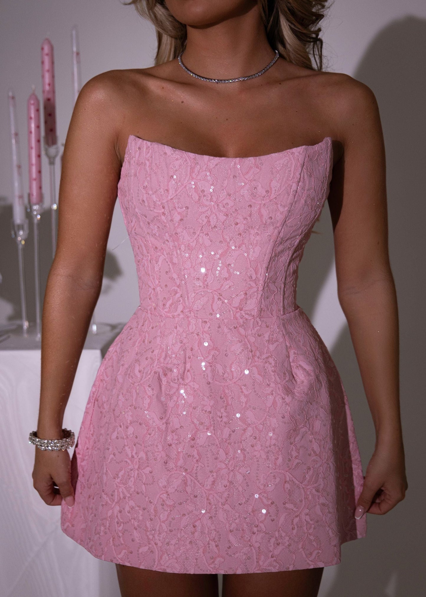 True Beauty Embellished Lace Mini Dress - Pink