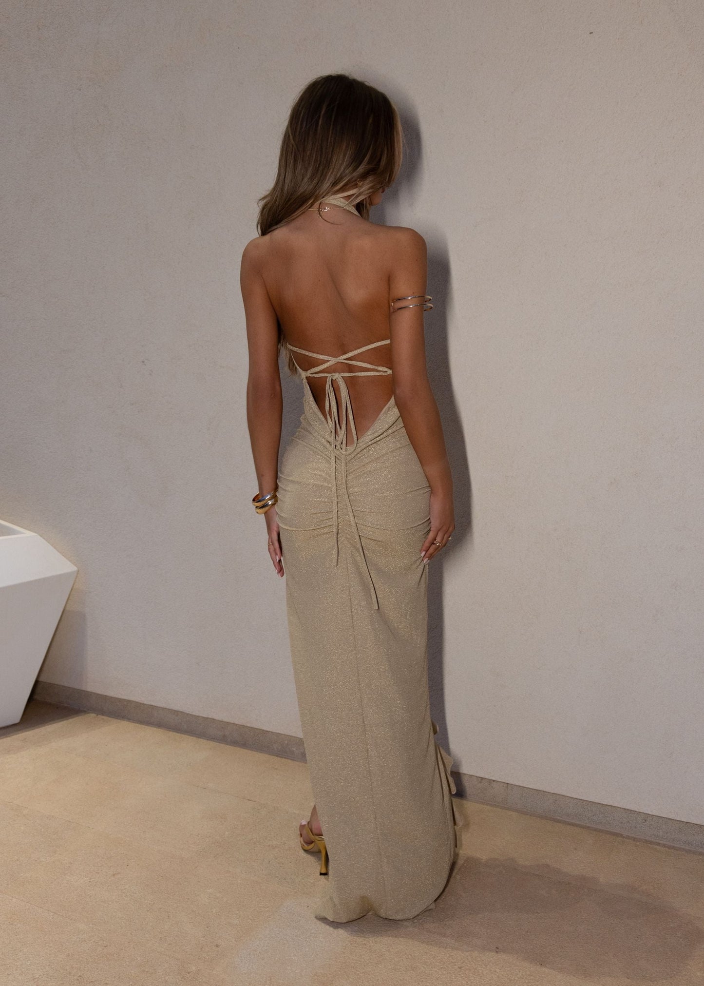 True To Form Lurex Ruffle Maxi Dress - Gold