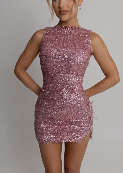 Unspoken Bond Sequin Bow Mini Dress - Pink