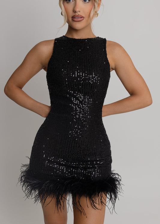 Untamed Aura Sequin Feather Mini Dress - Black