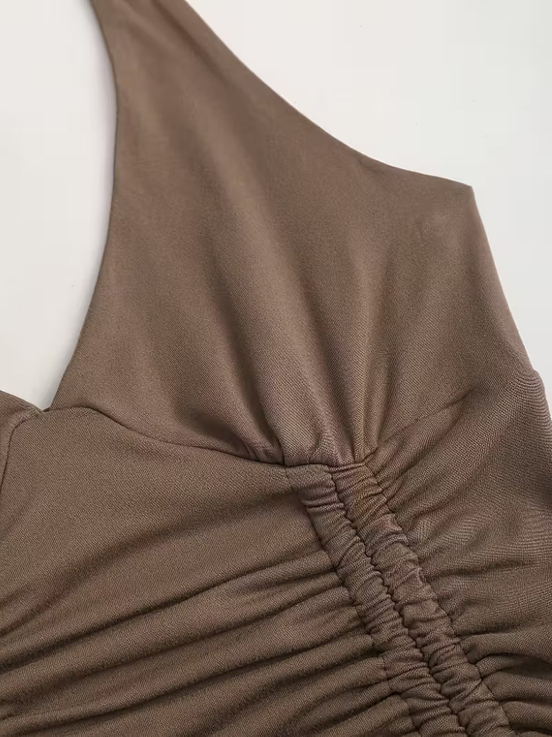 Sleeveless Ruched Halterneck Dress In Coffee Color