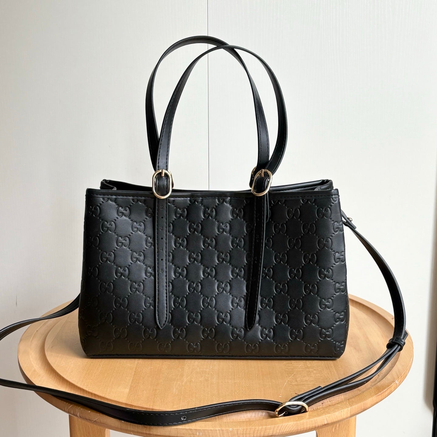 Emblem Medium Black GG Leather Tote Bag