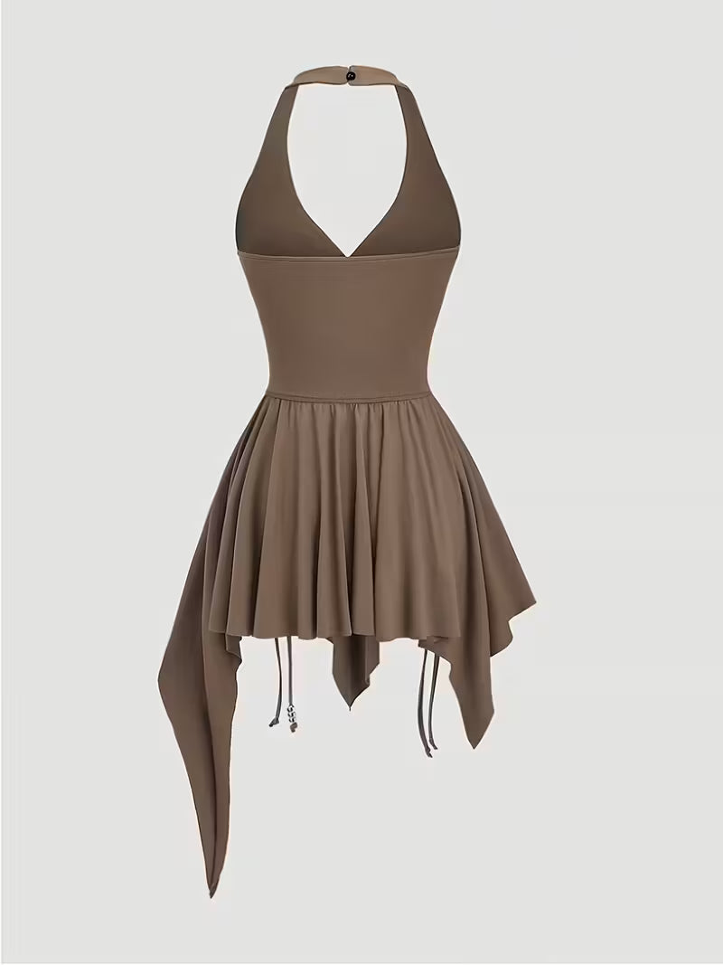Sleeveless Ruched Halterneck Dress In Coffee Color