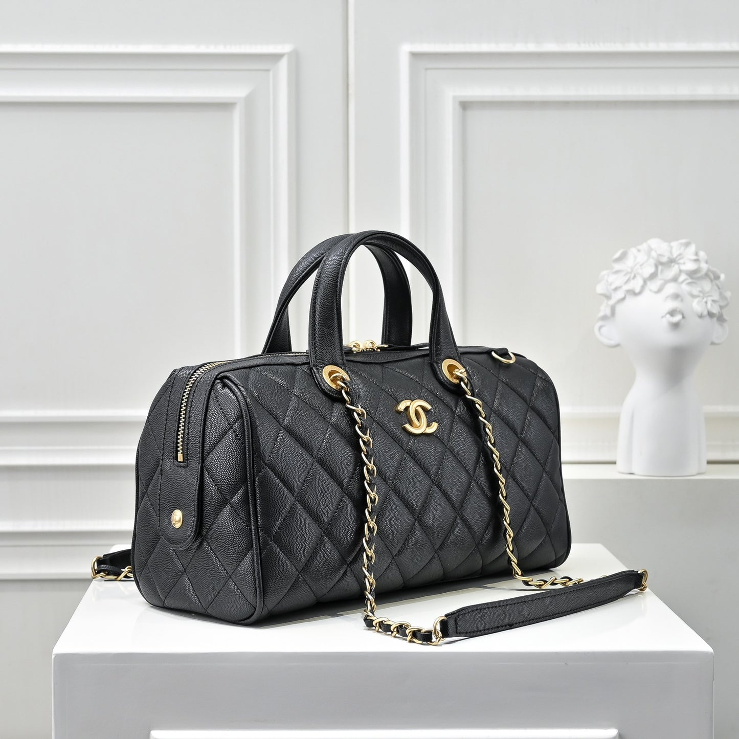 Caviar Quilted Barrel Clutch With Chain