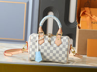 White & Beige Checkered with Light Blue Braided Handle