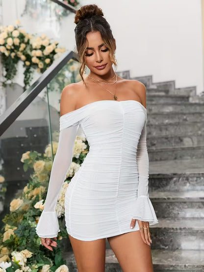 Off-Shoulder Ruched Mesh Bodycon Dress