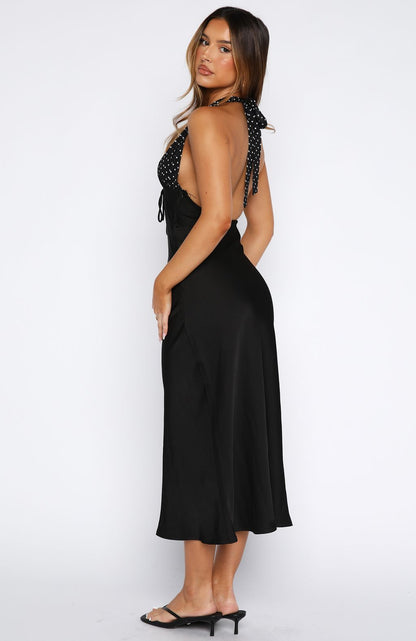 Guess You Miss Me Halter Midi Dress Black/Ivory Dot