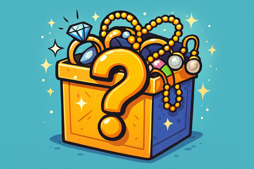 make an mystery box in cartoon style where an big ? stands and some jewelery behind the ?